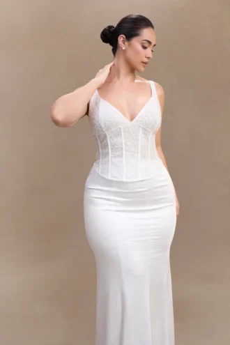 Elsie Pearl Beaded Bustier Top – White