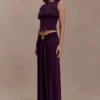 Erina Slinky Ruched Maxi Skirt With Hardware – Aubergine
