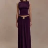 Erina Slinky Ruched Maxi Skirt With Hardware – Aubergine