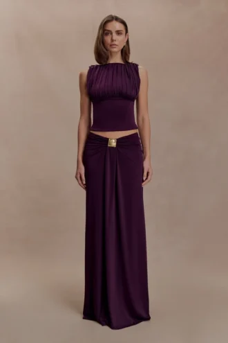 Erina Slinky Ruched Maxi Skirt With Hardware – Aubergine