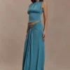 Erina Slinky Ruched Maxi Skirt With Hardware – Teal