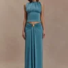 Erina Slinky Ruched Maxi Skirt With Hardware – Teal