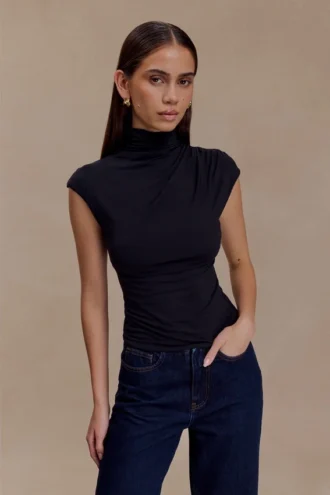 Freesia High Neck Sleeveless Top – Black
