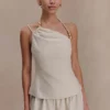 Gabby Asymmetrical Neckline Linen Beaded Top – Natural Gabby Asymmetrical Neckline Linen Beaded Top – Natural