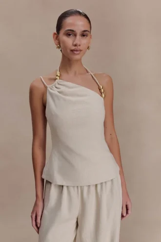 Gabby Asymmetrical Neckline Linen Beaded Top – Natural