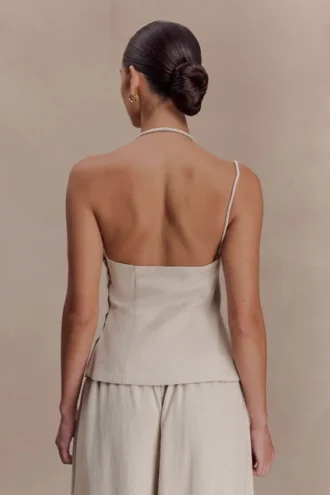 Gabby Asymmetrical Neckline Linen Beaded Top – Natural