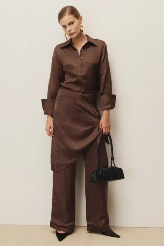 Gia Long Sleeve Satin Shirt – Chocolate