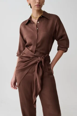 Gia Long Sleeve Satin Shirt – Chocolate
