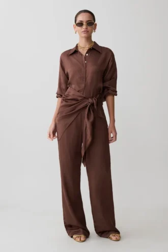 Gia Wrapped Tie Satin Pants – Chocolate