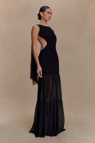 Haille Knit Chiffon Maxi Dress – Black