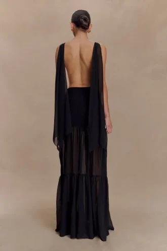 Haille Knit Chiffon Maxi Dress – Black