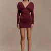 Hayden Long Sleeve Plunge Mini Dress – Burgundy