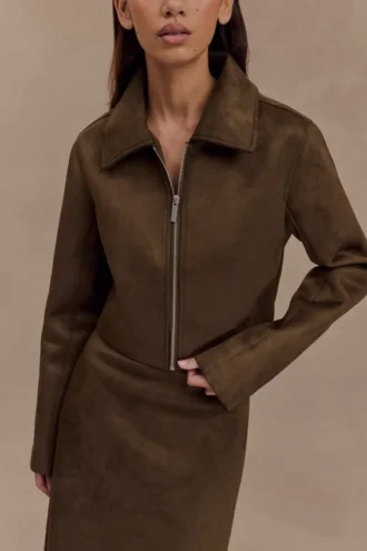 Hayes Faux Suede Collared Jacket – Chocolate Hayes Faux Suede Collared Jacket – Chocolate