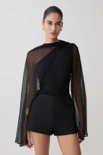 Ida Sheer Asymmetrical Long Sleeve Cape – Black