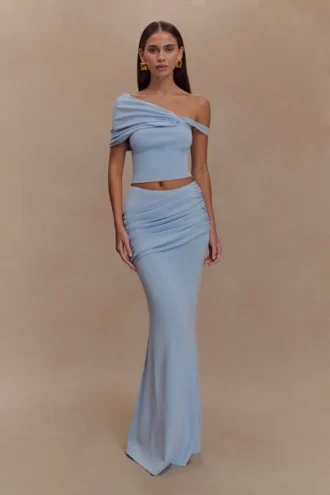 Irene Gathered Knit Maxi Skirt – Blue