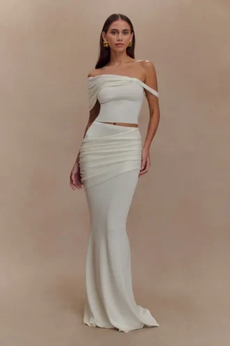 Irene Gathered Knit Maxi Skirt – Ivory