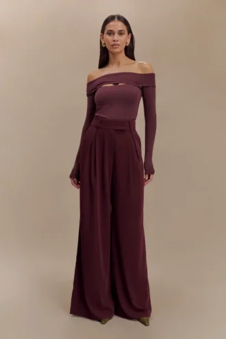 Jacqueline Pleated Wide Leg Pants – Mahogany