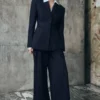Jacqueline Pleated Wide Leg Pants – Navy Pinstripe