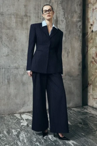 Jacqueline Pleated Wide Leg Pants – Navy Pinstripe