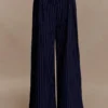 Jacqueline Pleated Wide Leg Pants – Navy Pinstripe