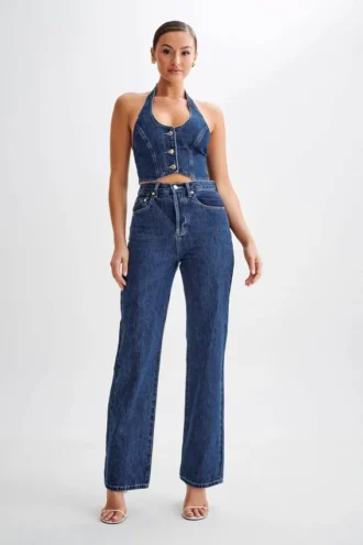 Janine High Waisted Straight Leg Jeans – Dark Blue