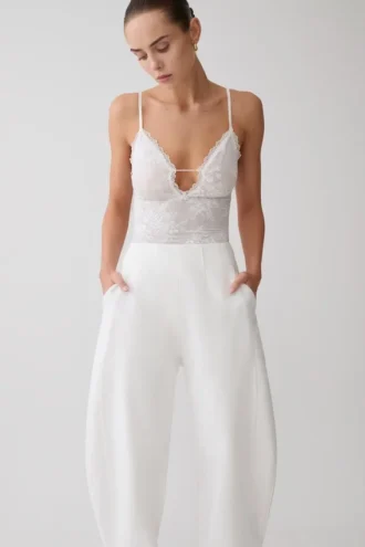 Jasper Sheer Plunge Lace Bodysuit – Ivory