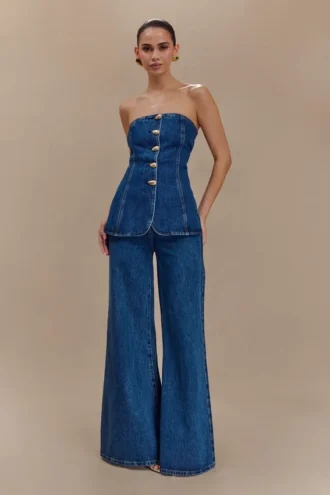 Jen Wide Leg Flare Denim Jeans – Dark Blue
