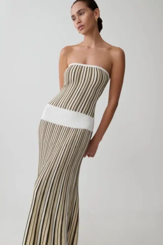 Joyce Stripe Maxi Knit Dress – Khaki/Ivory