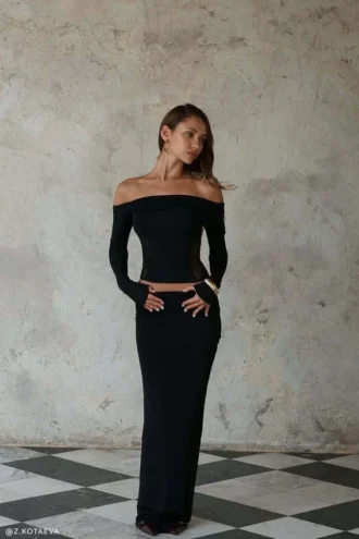 Judy Slinky And Mesh Maxi Skirt – Black