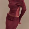 Judy Slinky And Mesh Off Shoulder Top – Wine