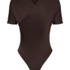 Junie Shortsleeve Cross-Over Bodysuit – Chocolate Junie Shortsleeve Cross-Over Bodysuit – Chocolate