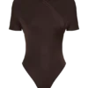 Junie Shortsleeve Cross-Over Bodysuit – Chocolate Junie Shortsleeve Cross-Over Bodysuit – Chocolate
