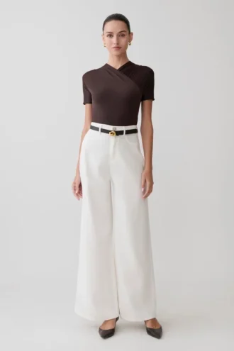 junie shortsleeve cross over bodysuit chocolate 2 330x495 - Shae Wide Leg Denim Jeans - White