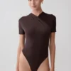 Junie Shortsleeve Cross-Over Bodysuit – Chocolate Junie Shortsleeve Cross-Over Bodysuit – Chocolate
