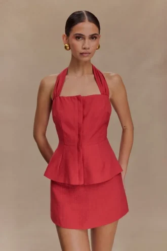 Kallie Linen Peplum Halter Top – Burnt Rose