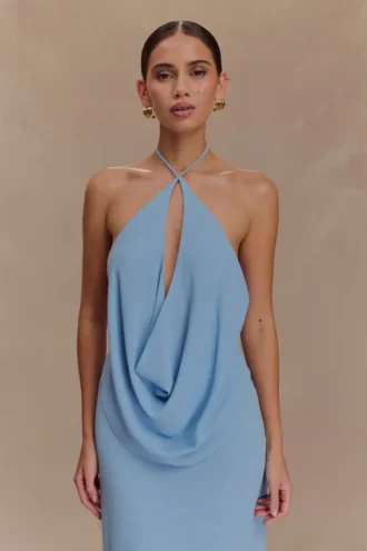 Katalina Chiffon Cowl Halter Top – Sky Blue
