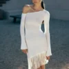 Kayden Fringe Off Shoulder Knit Mini Dress – Ivory