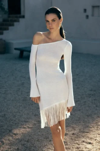 Kayden Fringe Off Shoulder Knit Mini Dress – Ivory
