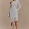 Kayden Fringe Off Shoulder Knit Mini Dress – Ivory