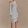 Kayden Fringe Off Shoulder Knit Mini Dress – Ivory