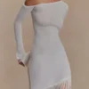 Kayden Fringe Off Shoulder Knit Mini Dress – Ivory
