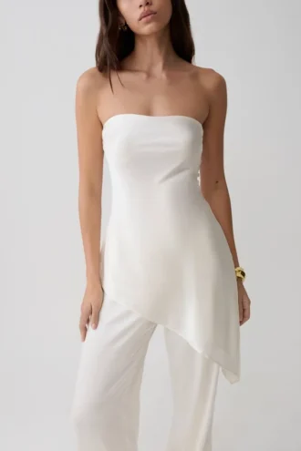 Kayla Silk Blend Strapless Asymmetric Top – Ivory