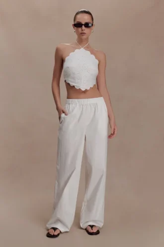 Kensley Broderie Halter Top – White