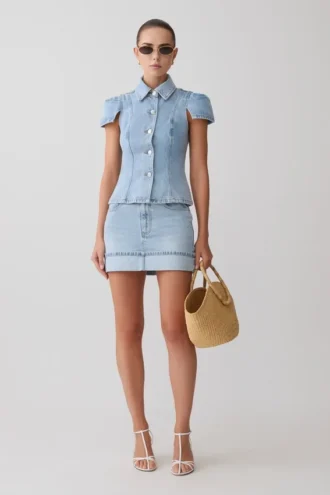 Lakoda Cuffed Denim Mini Skirt – Washed Light Blue