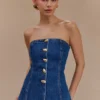Lennox Strapless Long Line Button Top – Dark Blue Lennox Strapless Long Line Button Top – Dark Blue