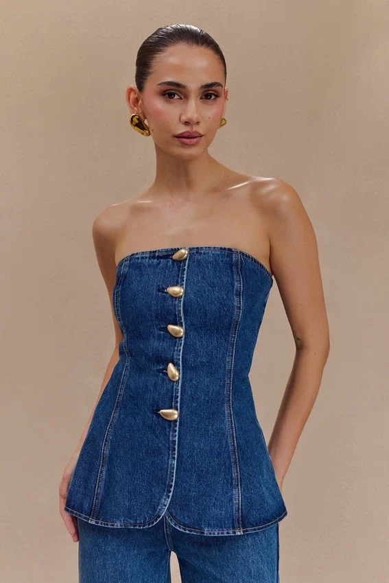 Lennox Strapless Long Line Button Top – Dark Blue Lennox Strapless Long Line Button Top – Dark Blue