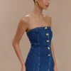Lennox Strapless Long Line Button Top – Dark Blue Lennox Strapless Long Line Button Top – Dark Blue