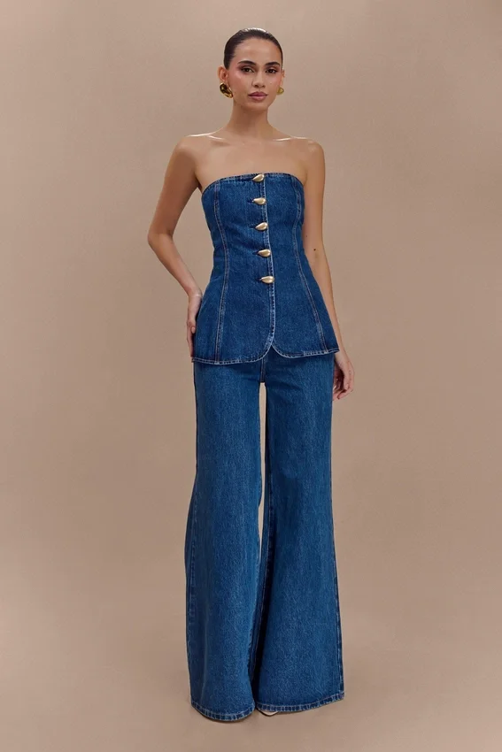 Lennox Strapless Long Line Button Top – Dark Blue Lennox Strapless Long Line Button Top – Dark Blue