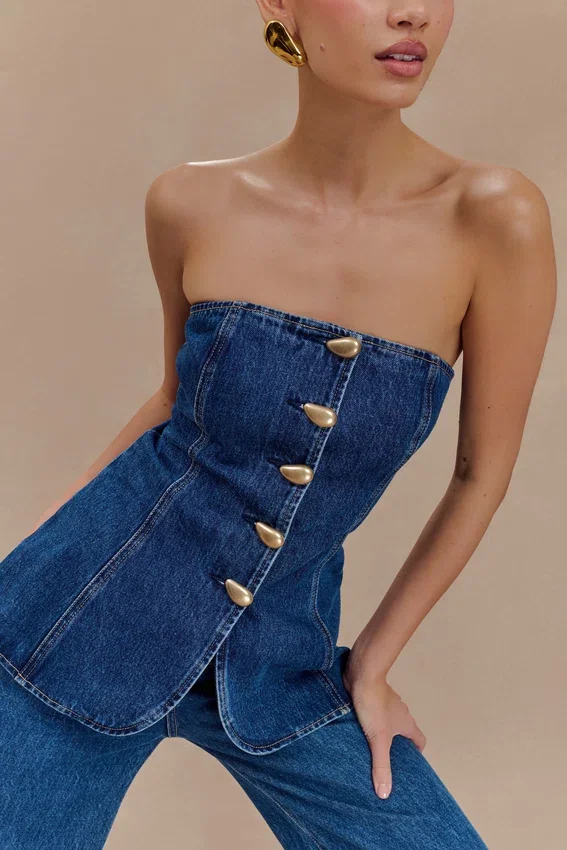 Lennox Strapless Long Line Button Top – Dark Blue Lennox Strapless Long Line Button Top – Dark Blue