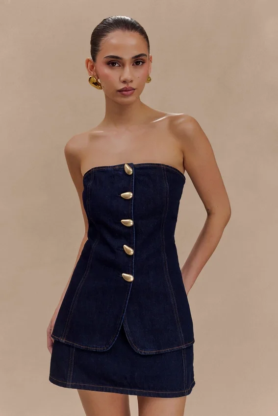 Lennox Strapless Long Line Button Top – Indigo Blue Lennox Strapless Long Line Button Top – Indigo Blue